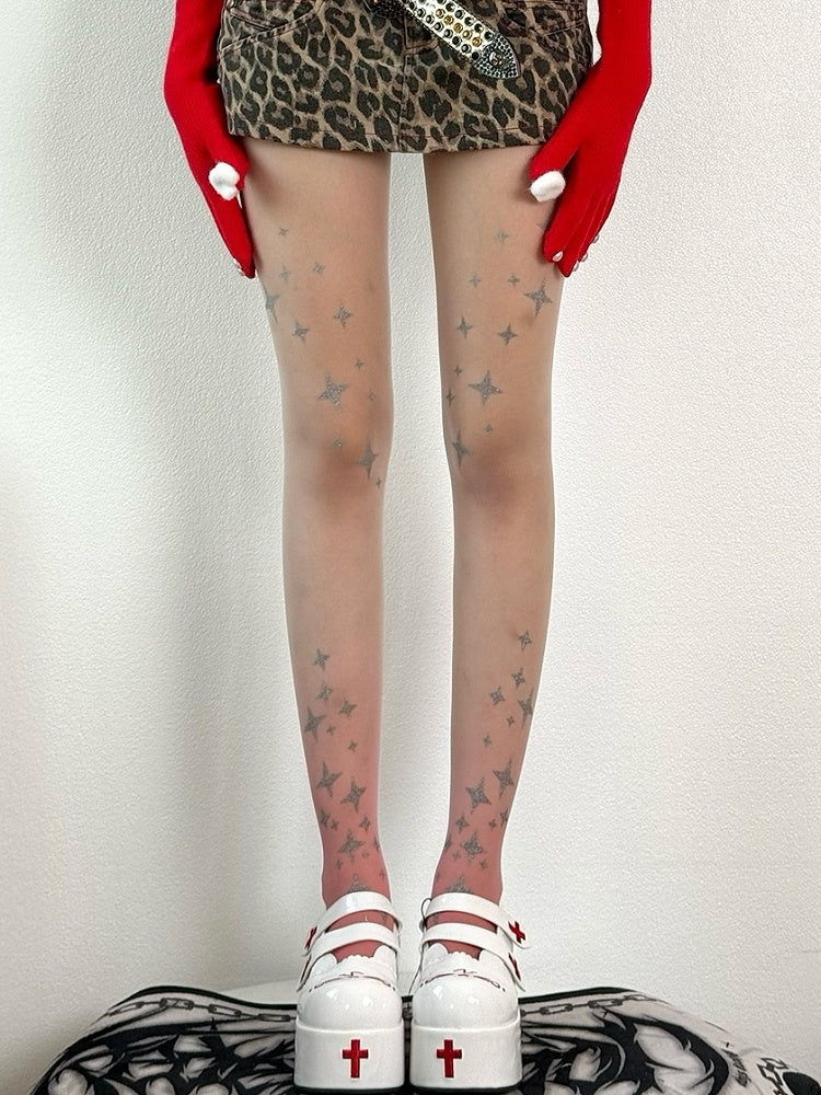 Star Pattern Tights BlackGray/Blue/Pink Color Y2K Ombre