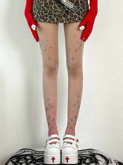 Star Pattern Tights BlackGray/Blue/Pink Color Y2K Ombre