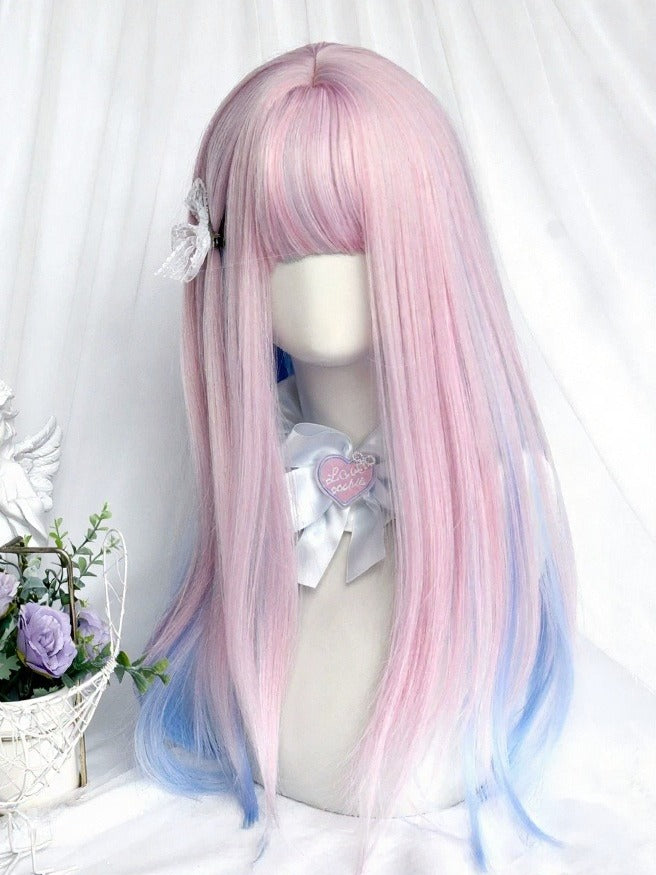 Blue and Pink Ombre 55cm Long Straight Full Bangs Wig - Sinwavy