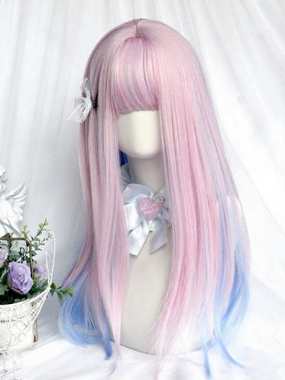 Blue and Pink Ombre 55cm Long Straight Full Bangs Wig - Sinwavy