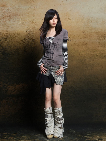 Punk Two-Piece Short Striped Sleeves Gray Khaki Faux with Lace-Up Top Motif Cross Long