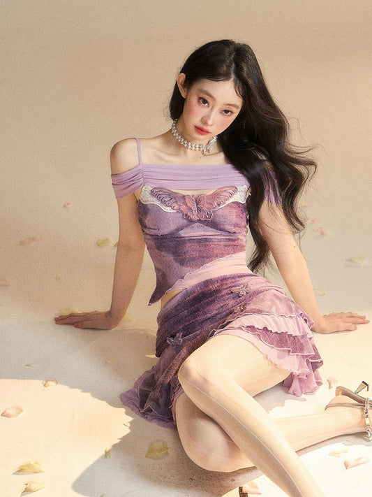 Ausschnitt Schmetterling Stickerei Top/Schmetterling Akzente Applikation Glamourös Stufenrock Lavendel Off-the-shoulder