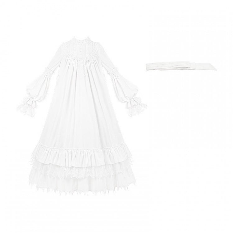 Gothic Ruffled with Versatile Hem Dress Lolita White Drawstring Velvet