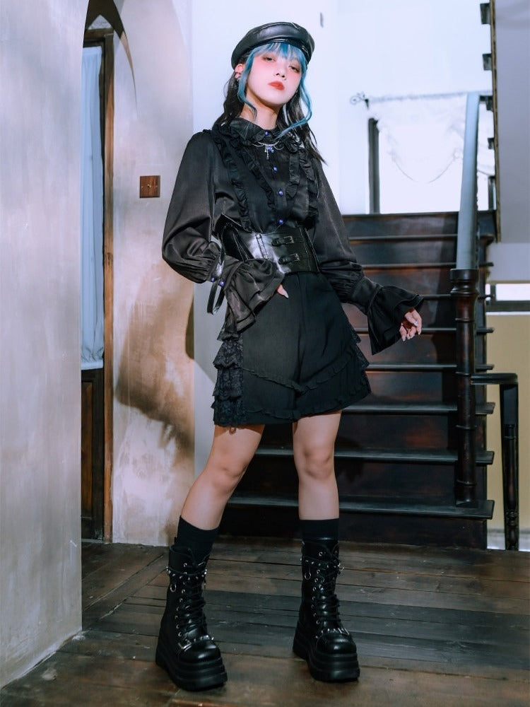 Black Balloon Sleeve Shirt with Ruffle Decoration - Quirky Hut