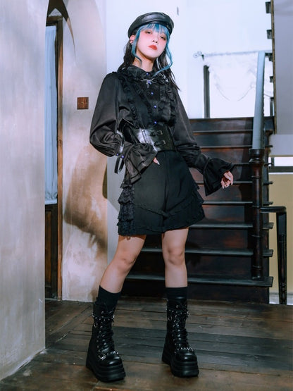Black Balloon Sleeve Shirt with Ruffle Decoration - Quirky Hut