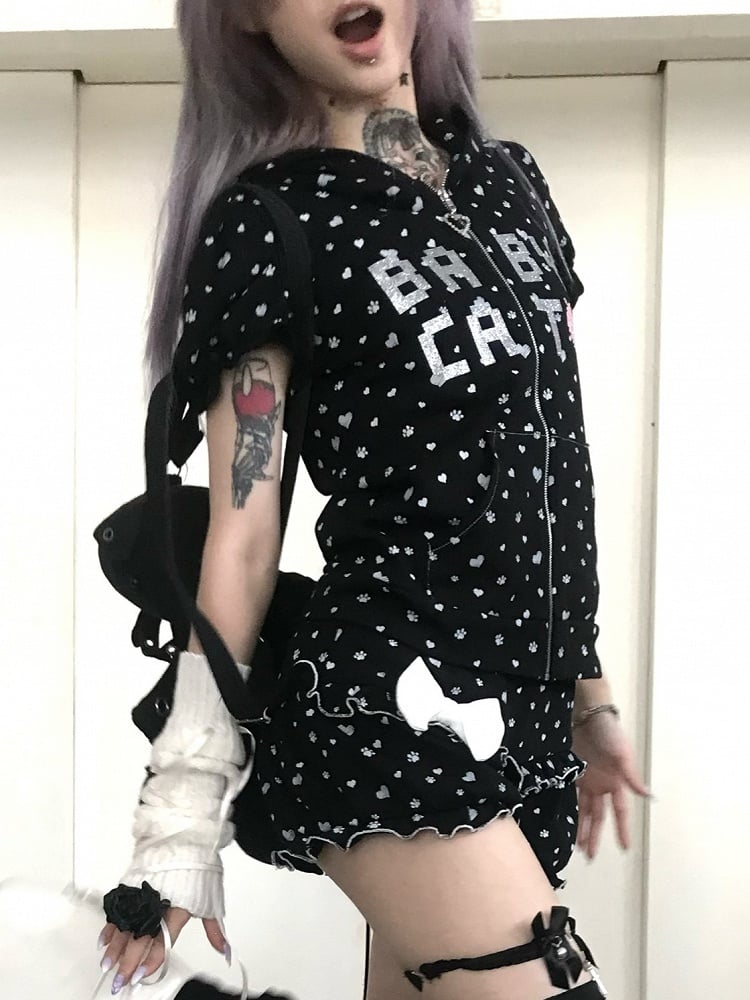 Bow Patterns Black with Large Heart Detachable Hoodie Cat-Ear Paw