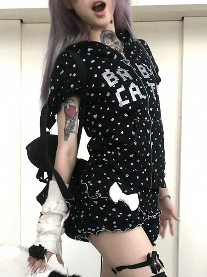 Bow Patterns Black with Large Heart Detachable Hoodie Cat-Ear Paw