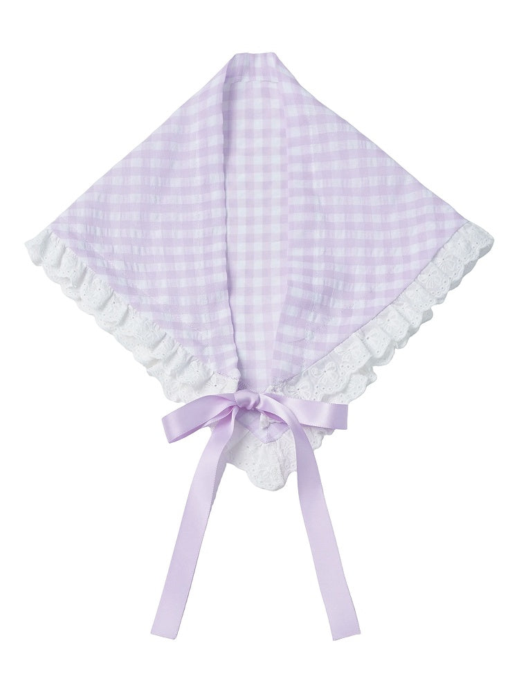 Gingham Lace Trim Headscarf - PINK SAVIOR