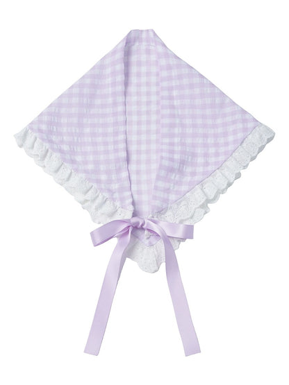 Gingham Lace Trim Headscarf - PINK SAVIOR