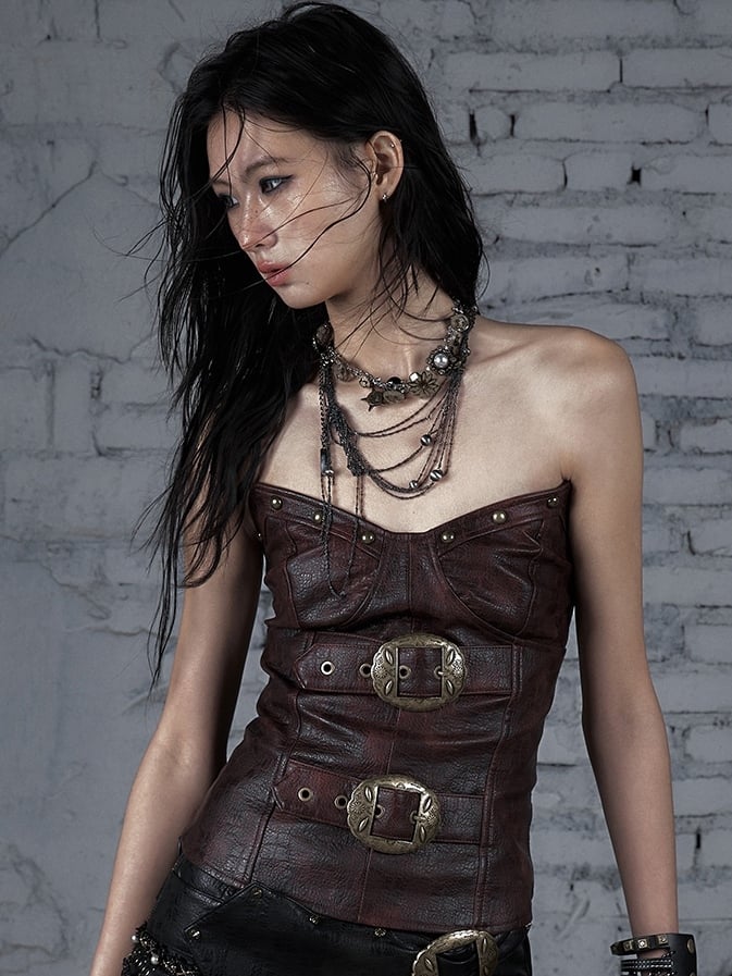 Bustier Buckle with Punk Top Red and Brown Wasteland PU - NO ROMANCE