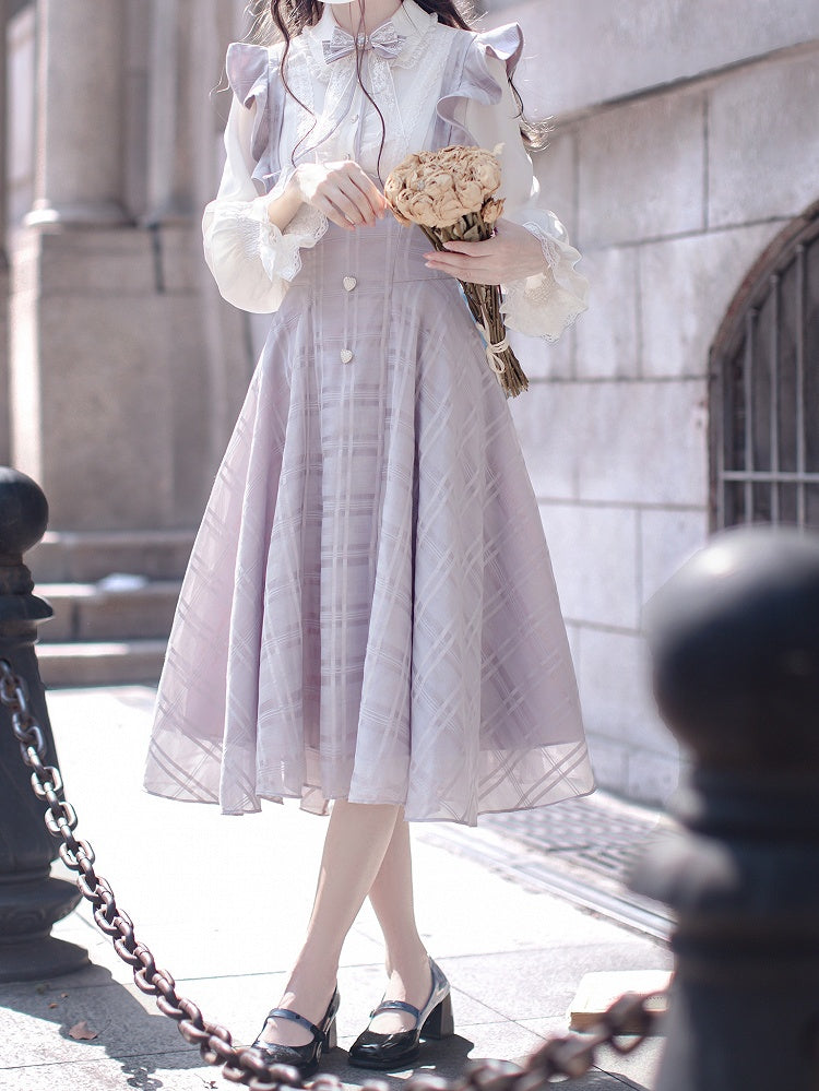 Sleeve Blouse Kei with Ruffled and Placket Long Sweetheart Jirai White Buttons