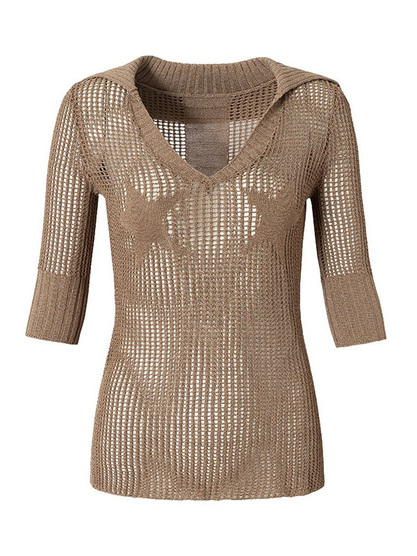 Pink-Brown Star V-Neck Knit Top with Hollow Out - NO ROMANCE
