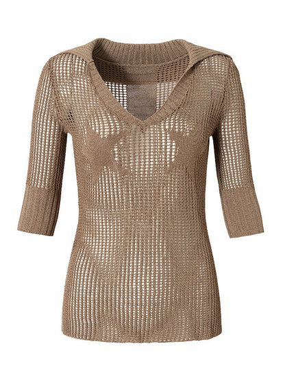 Pink-Brown Star V-Neck Knit Top with Hollow Out - NO ROMANCE