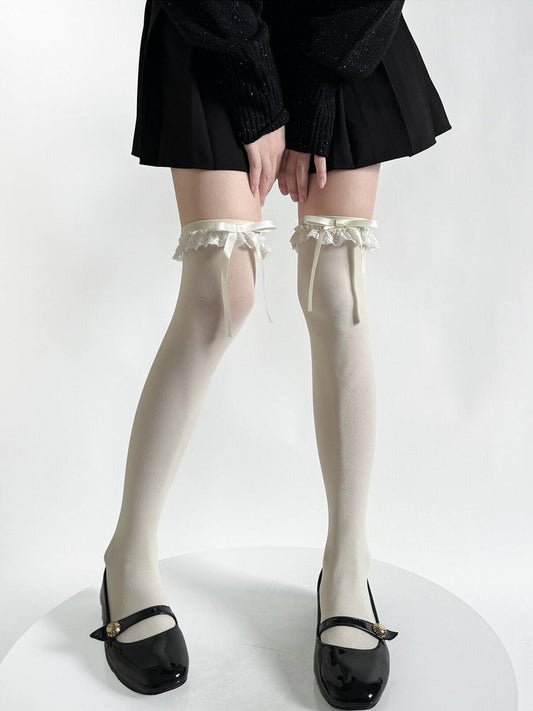 Lolita Lace Stockings White & Black - Ribbon Trim Knee-High Socks for J-Fashion