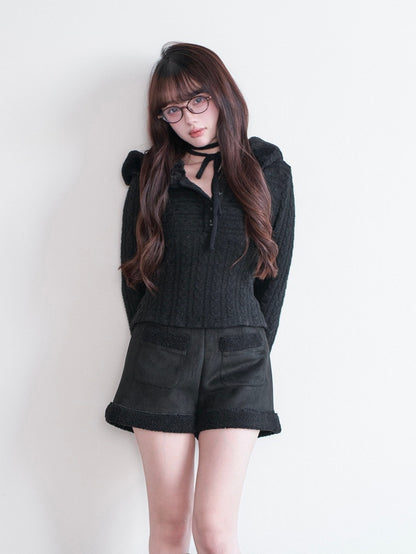 Fur Halter Hooded Kei and Knit Cuffs Design Faux with Jirai Black Tie Top Style Pure