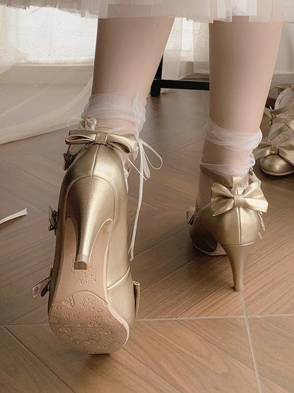 Top Bow at Sweet Starry Golden High-heel Lolita Shoes Buckles