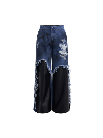 Patchwork - Grungy Blue Men's Black Hem Hand-lettering Raw and Jeans