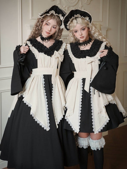 Langes Lolita-Kleid mit schwarzen Ärmeln, volle Rüschenversion, Wa Maid Set, V-Ausschnitt