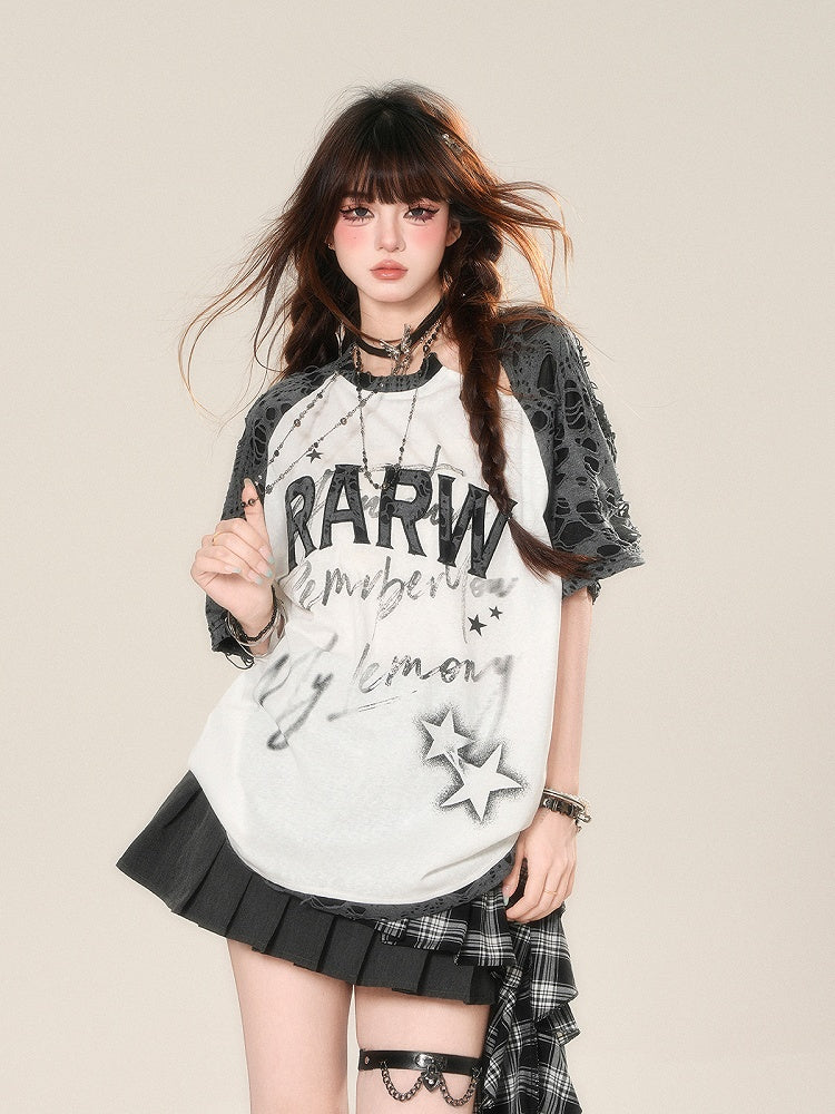 Design Distressed Holes and Black White Colorblock Embroidered T-Shirt