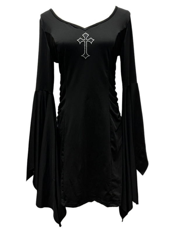 Gothic Punk Black Cross V-neck Flounce Bell Sleeves Dress with Waistchain Set