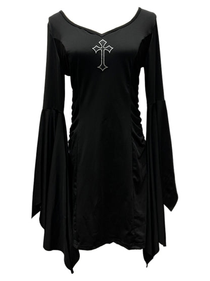 Gothic Punk Black Cross V-neck Flounce Bell Sleeves Dress with Waistchain Set