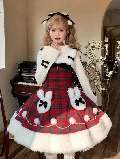 Rotes Karomuster, Winterhasen-Thema, Weihnachts-Lolita-Kleid, Plüsch-Ausschnitt und Saum