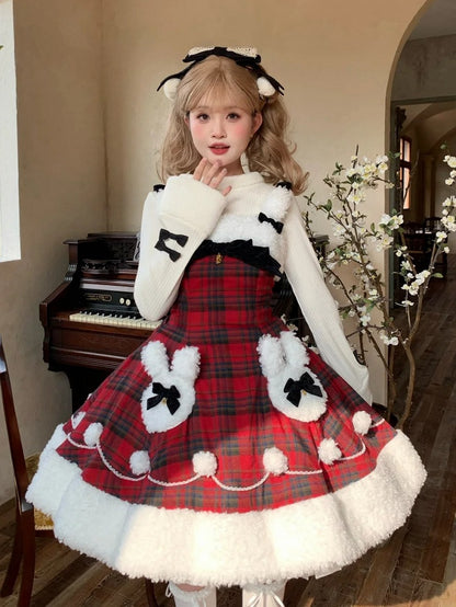 Lolita-Ausschnitt, Saum, Häschen, Ausverkaufsgröße, Oberweite, kariertes Thema, rotes Plüsch- und Musterkleid, Weihnachten, Winter, für L 92–102 cm