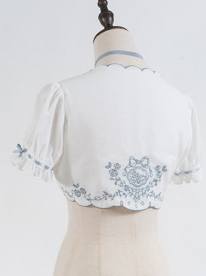 White & Blue Floral Embroidered Cape with Bow Accents - CEL