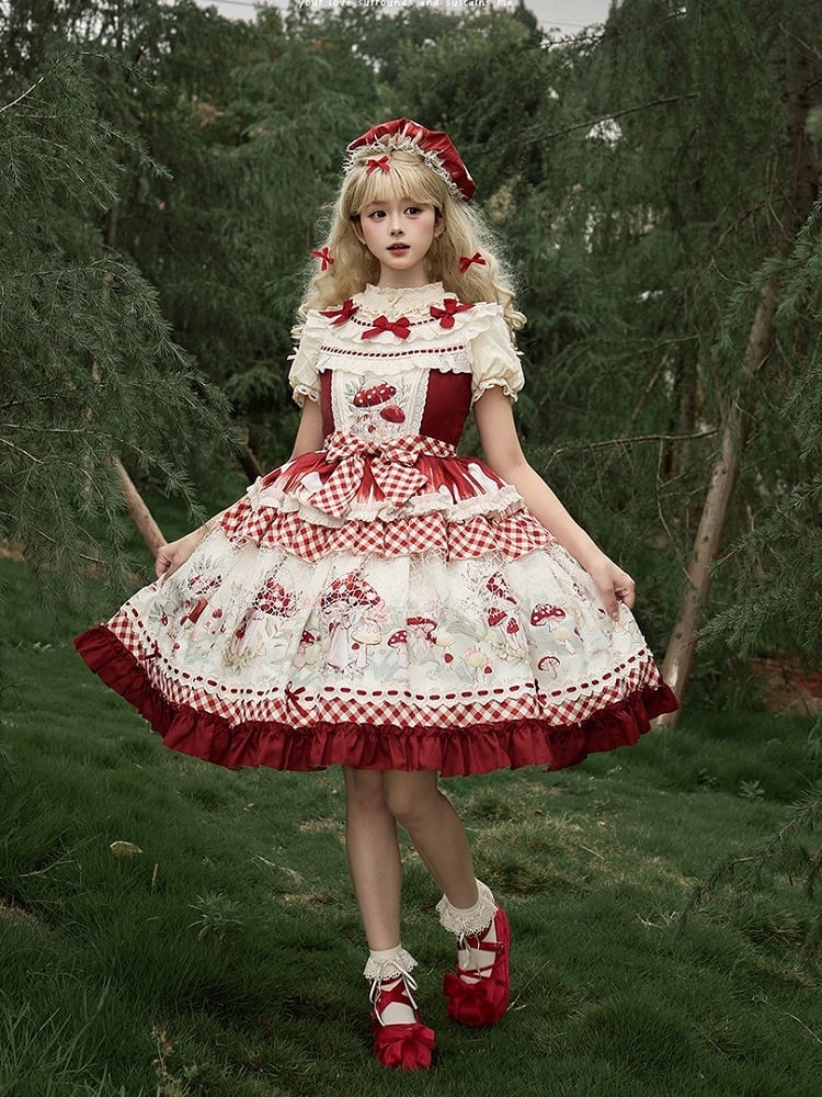 Red and Beige Gingham Mushroom Print Dress with Lace Overlay - Honey Machine