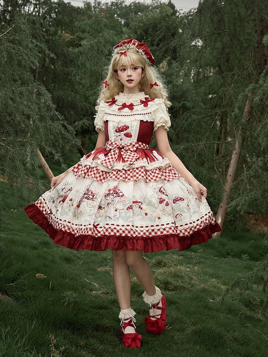 Red and Beige Gingham Mushroom Print Dress with Lace Overlay - Honey Machine