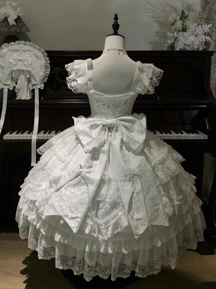 White Hanayome Lolita JSK with Bows & Lace Trim - White Sugar Girl