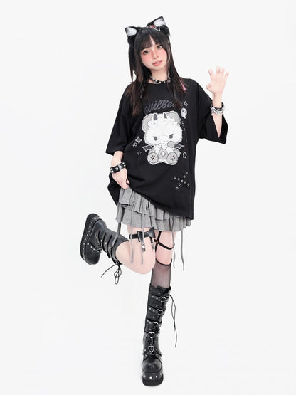 ブラック イービル キティ プリント Tシャツ