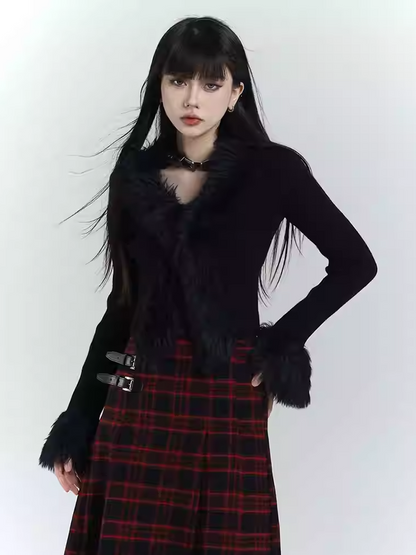 Gothic Black V-Neck Plush Trim Slim-fitting Knitted Sweater