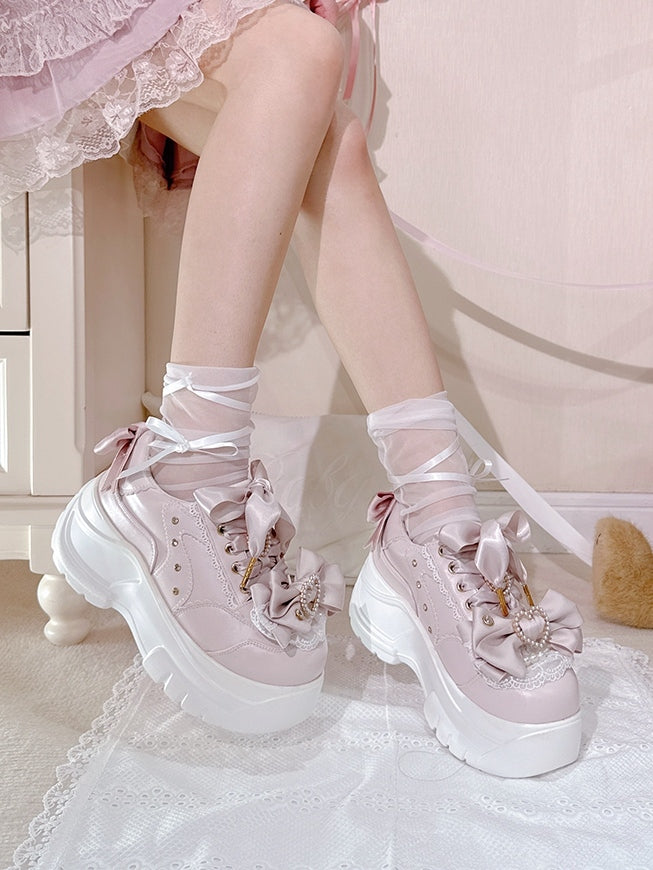 Lace-Up in Jirai Design Kei - Bow Platform Heart Details Shoes with Pink Style Rhinestone Beaded