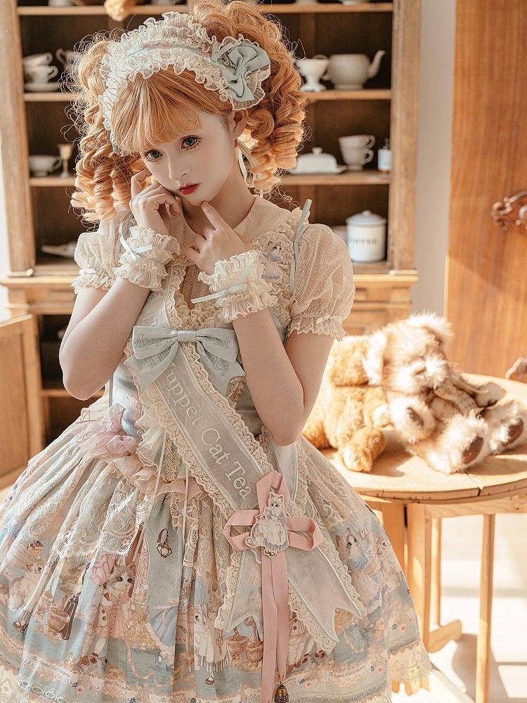 Lolita Süße Set Mieder Grün Print Minty Kitty Tee JSK Kleid Korsett Party Volle