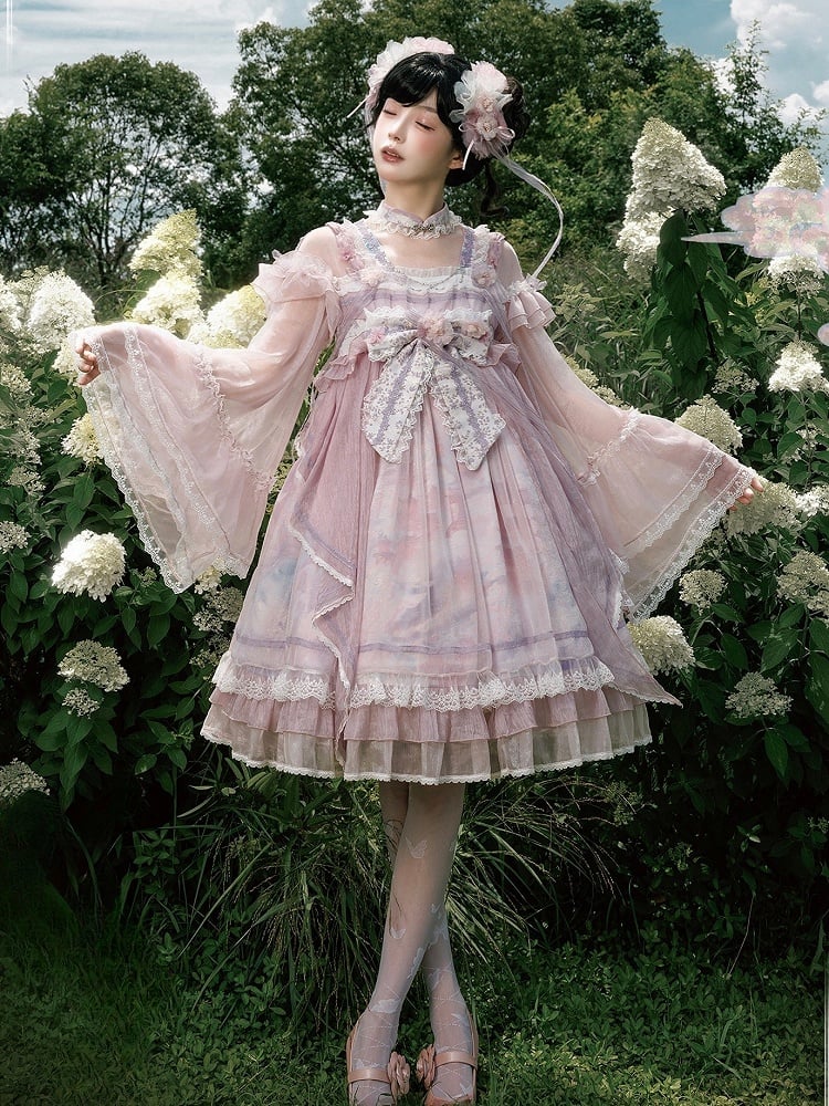 Han Bow Lolita Stück Langes Rosa-Lila Halbtransparente Printärmel Großes Kleid Whale Wide One