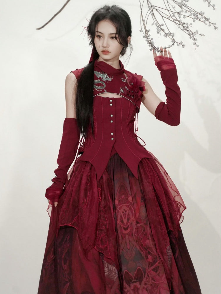 Red Gothic Dragon Embroidery Sleeveless Top Cutout Detail