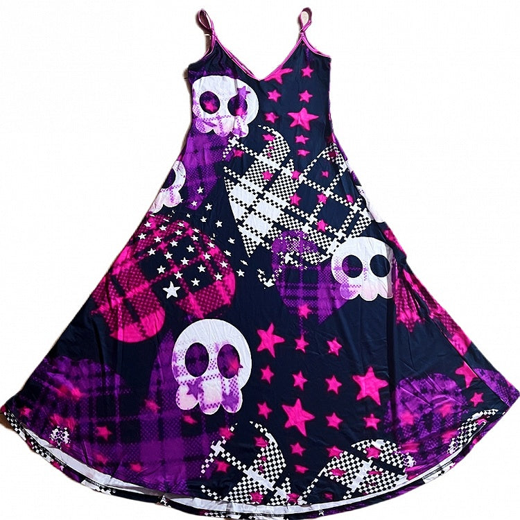 Kuro Kawaii Schwarzes Camisole-Kleid mit Skelett- und Sternenmuster und Karo-Herzmuster