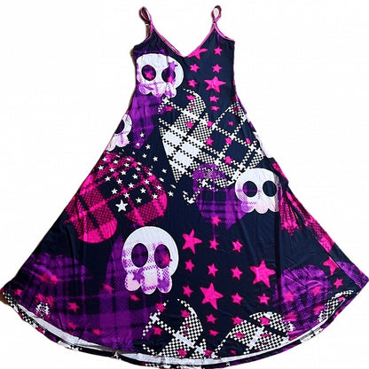 Kuro Kawaii Schwarzes Camisole-Kleid mit Skelett- und Sternenmuster und Karo-Herzmuster