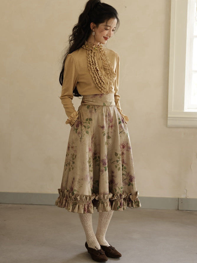 ヴィンテージパープルフローラルプリントフリルトリムハイウエストスカート