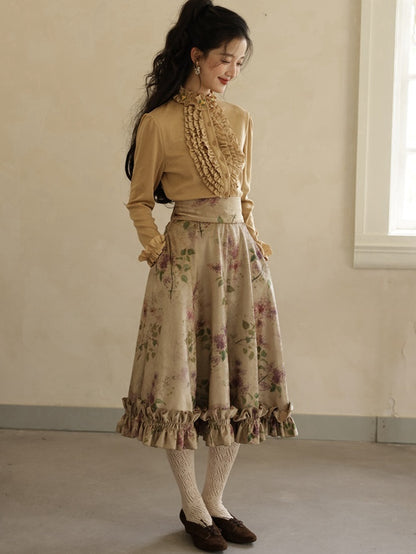 ヴィンテージパープルフローラルプリントフリルトリムハイウエストスカート