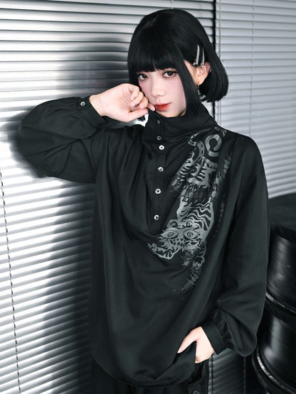 Blouse Cheongsam Five-Poison Ruched with Gothic Black Print Draping