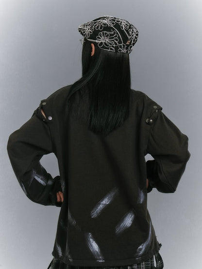 ダメージ加工スウェットシャツデザイン ブラックカットアウトショルダー フェードウォッシュアップリケ