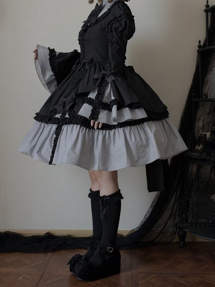 Lolita Gray Sleeves with Bell Black Dress Ruffled Gothic