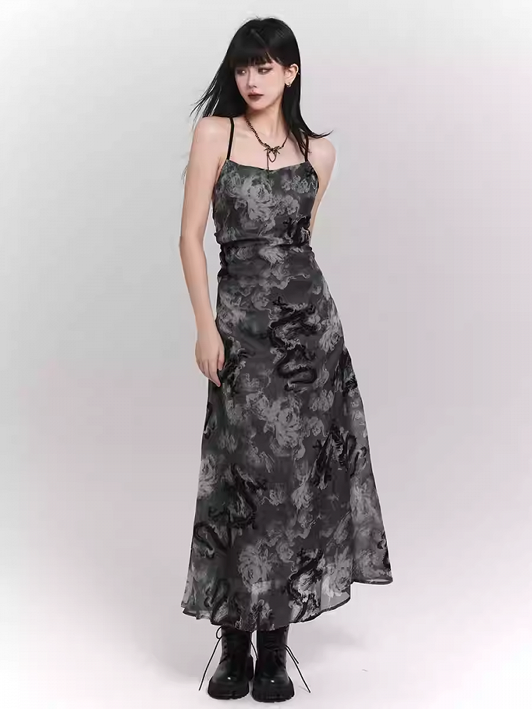 Black and Gray Dragon Print Backless/Covered-Back Slip Dress