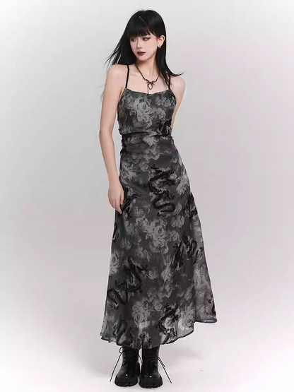 Black and Gray Dragon Print Backless/Covered-Back Slip Dress