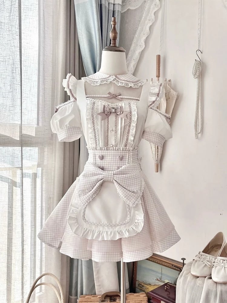 Maid Style Pink & White Landmine Cutout Shoulder Short Sleeve Top with Detachable Apron Skirt - Shi Zhai Xin