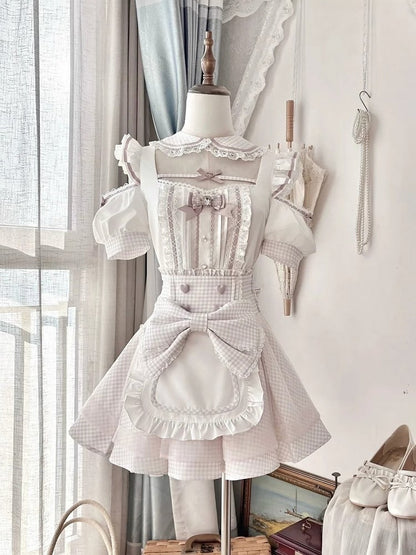 Maid Style Pink & White Landmine Cutout Shoulder Short Sleeve Top with Detachable Apron Skirt - Shi Zhai Xin