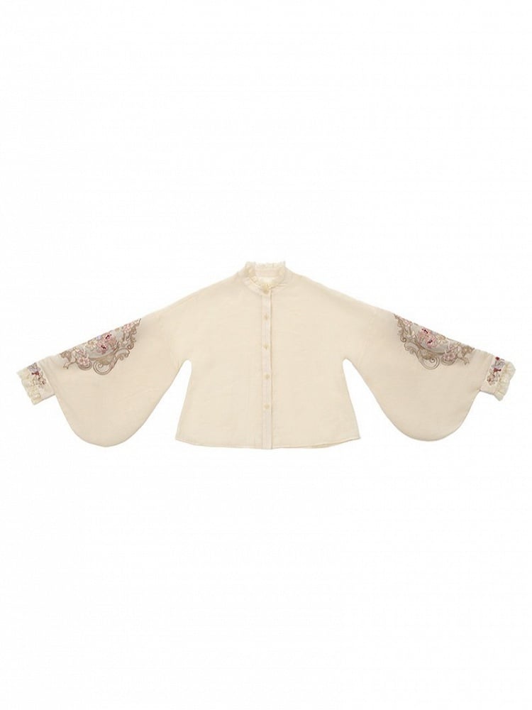 Hanfu-Inspired Beige Floral Embroidered Long-Sleeve Top with Lace - Yimu Walnut