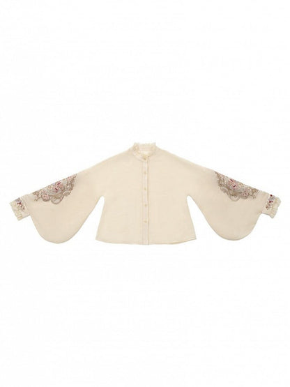 Hanfu-Inspired Beige Floral Embroidered Long-Sleeve Top with Lace - Yimu Walnut